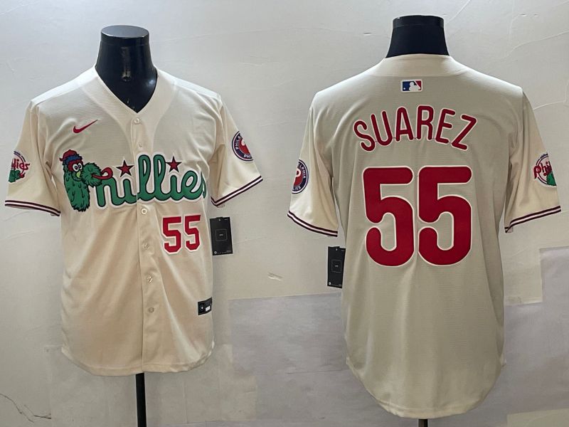 Men Philadelphia Phillies #55 Suarez Cream Three generations Joint Name Game 2025 Nike MLB Jersey style 3